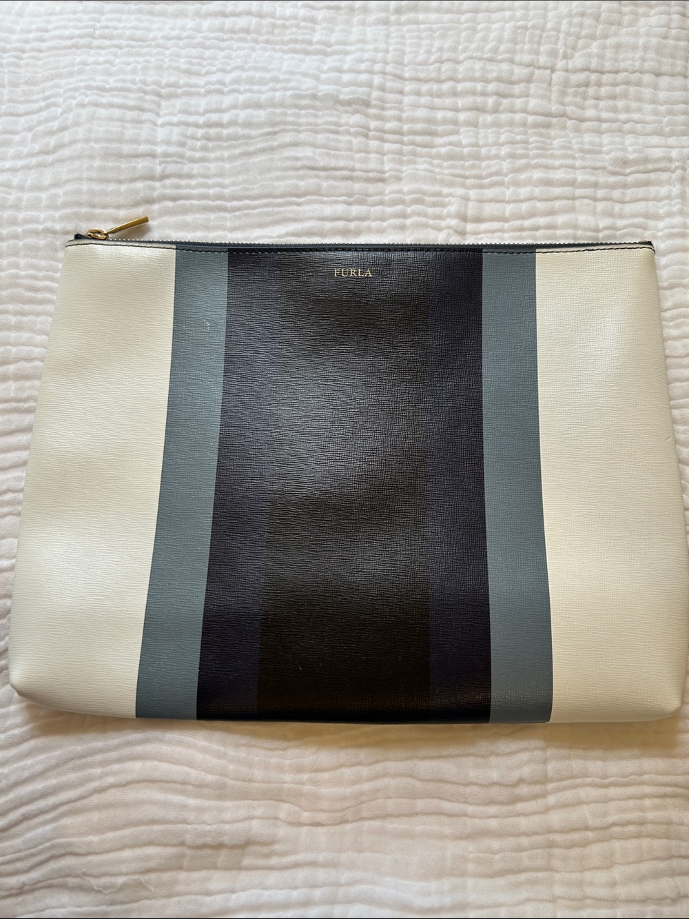 Furla White Leather Pouch with Navy and Gray Vertical Stripes, EUC